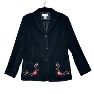 VTG‎ Susan Graver Black Embroidered Blazer Jacket Faux Suede Size M Floral Retro